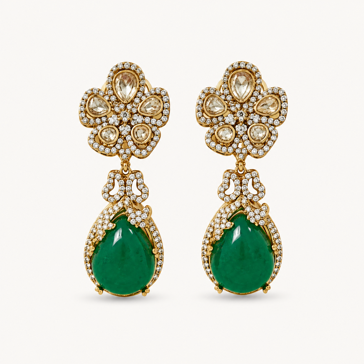Emerald Green Polki Floral Drop Earrings - ratnalijewels