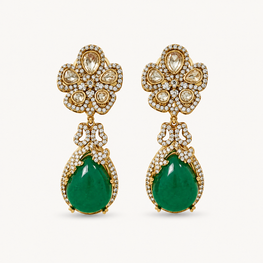 Emerald Green Polki Floral Drop Earrings - ratnalijewels
