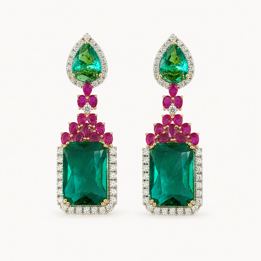 Emerald & Ruby Diamond CZ Drop Earrings - ratnalijewels