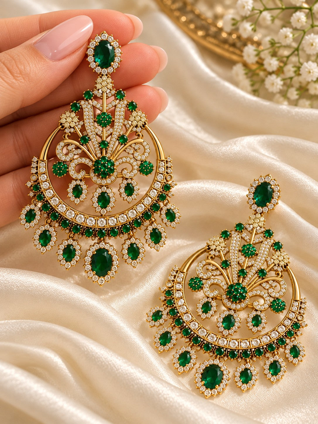 Extra large emerald coloured chandbali earrings with CZ diamonds, gold polish finish