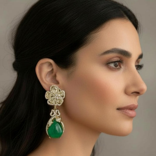 Emerald Drop Earrings with Polki-Inspired Floral Top - ratnalijewels