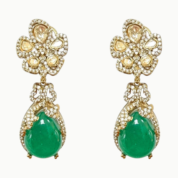 Emerald Drop Earrings with Polki-Inspired Floral Top