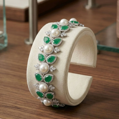 Emerald Green Stone, Pearl & CZ Bracelet