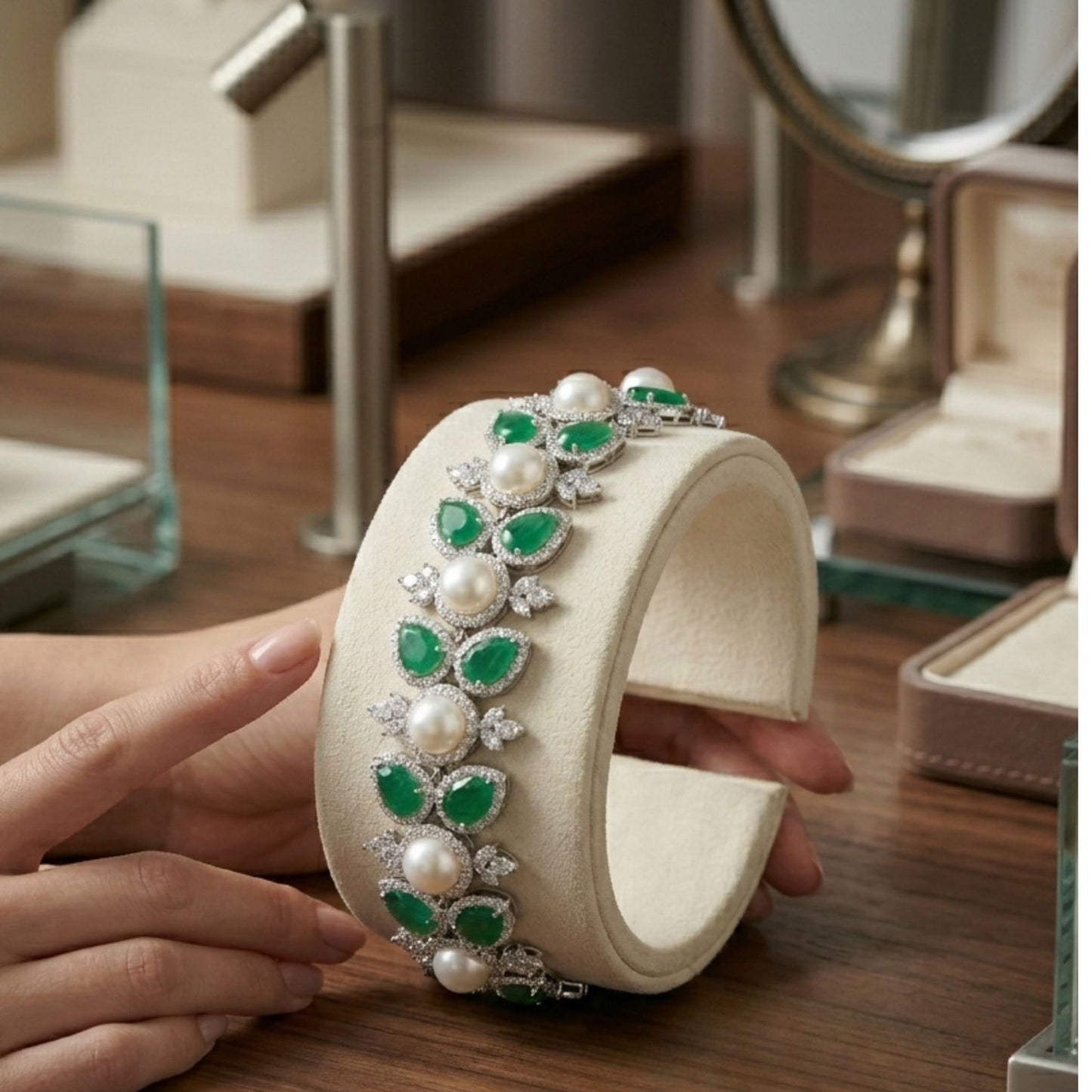 Emerald Green Stone, Pearl & CZ Bracelet