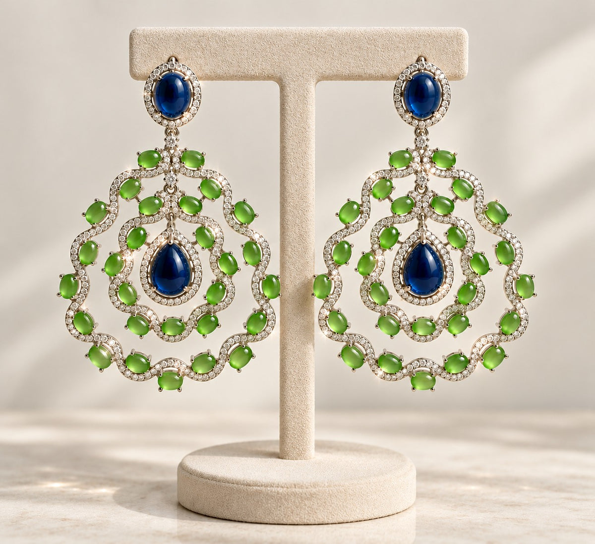 A pair of ornate drop earrings displayed on a cream jewelry stand. The earrings feature large, intricate circular filigree designs set with bright green marquise-cut stones and a deep blue teardrop center, surrounded by small clear pavé stones.
