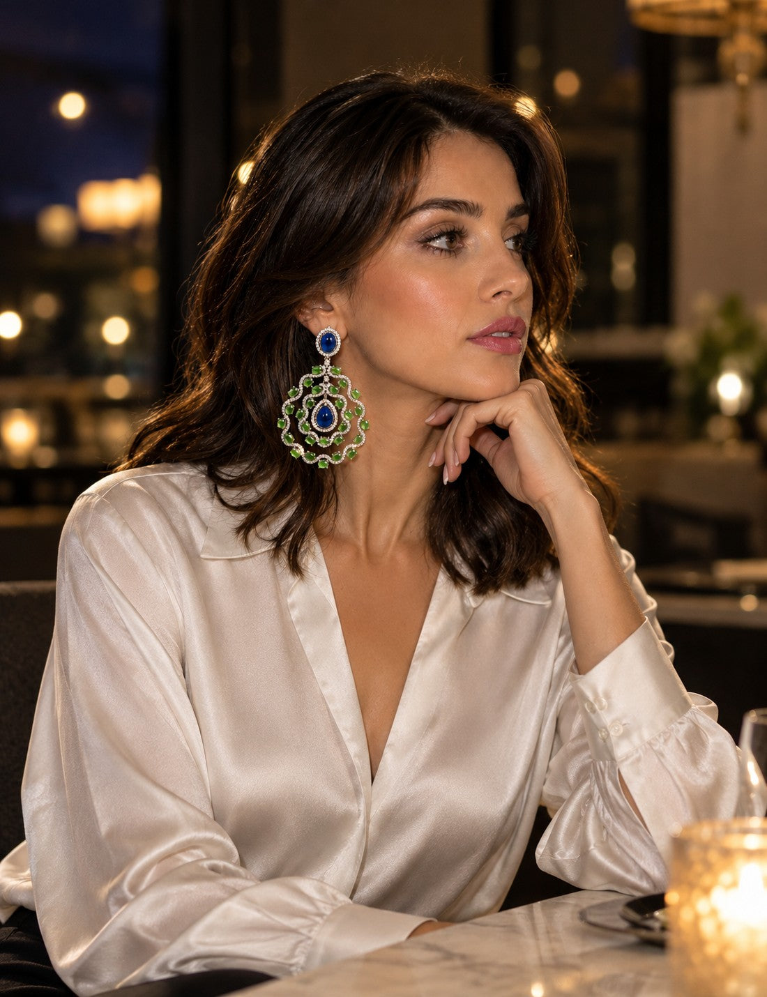  ornate green and blue dangle earring, 