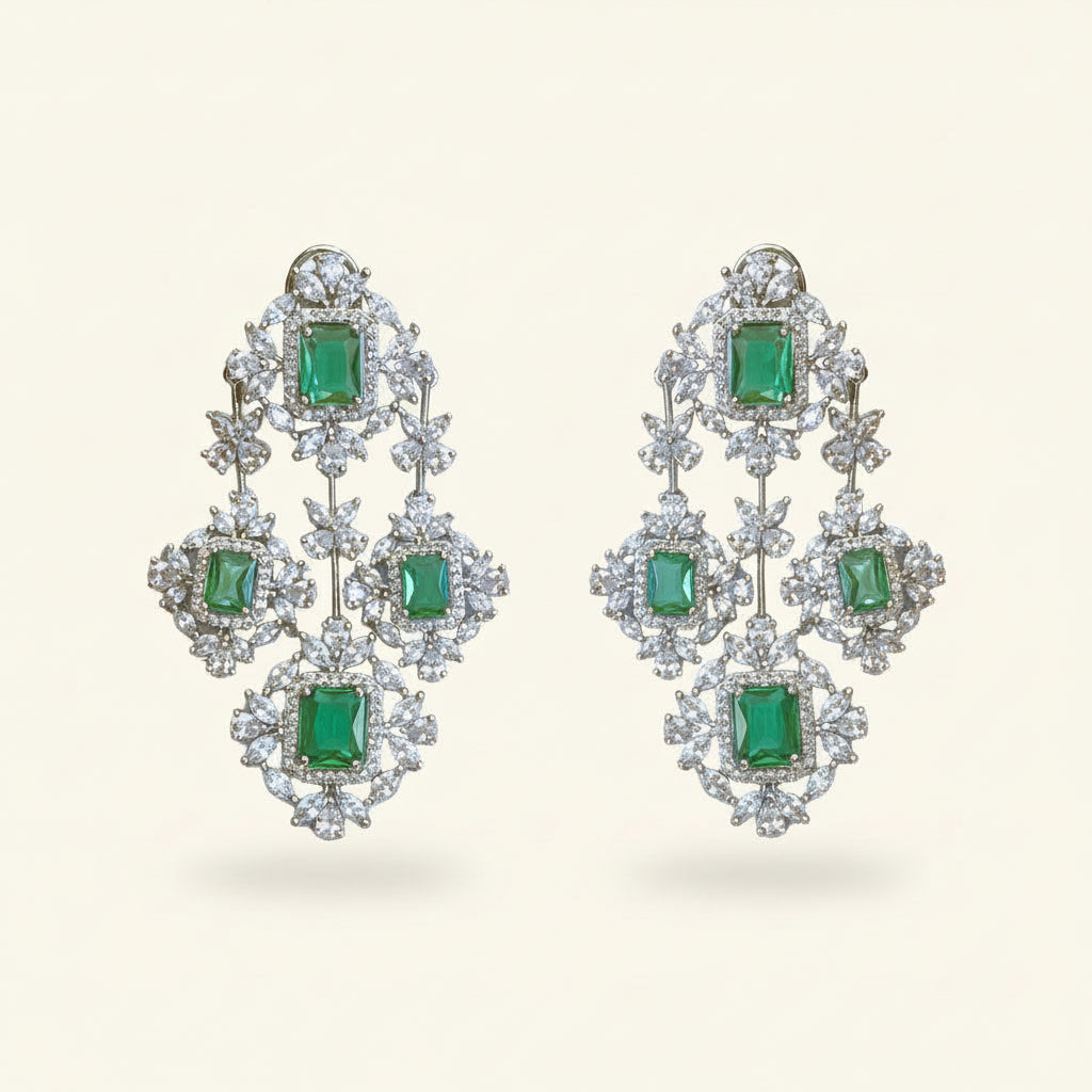 Zinnia | Green emerald coloured gemstone and cubic zirconia diamond cascading chandelier earrings - ratnalijewels