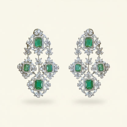 Zinnia | Green emerald coloured gemstone and cubic zirconia diamond cascading chandelier earrings - ratnalijewels