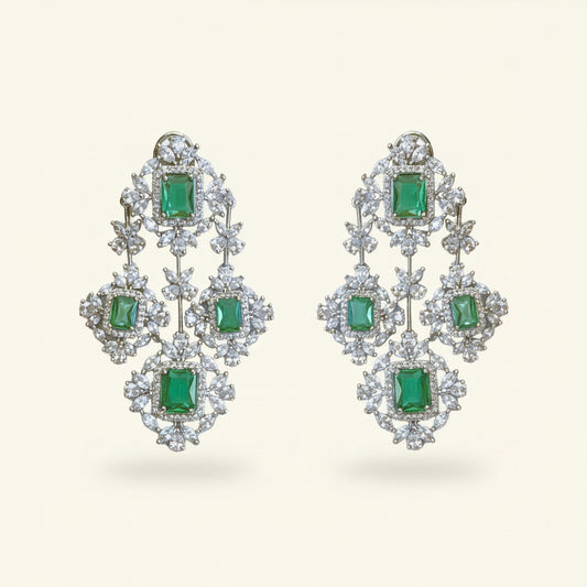 Zinnia | Green emerald coloured gemstone and cubic zirconia diamond cascading chandelier earrings - ratnalijewels
