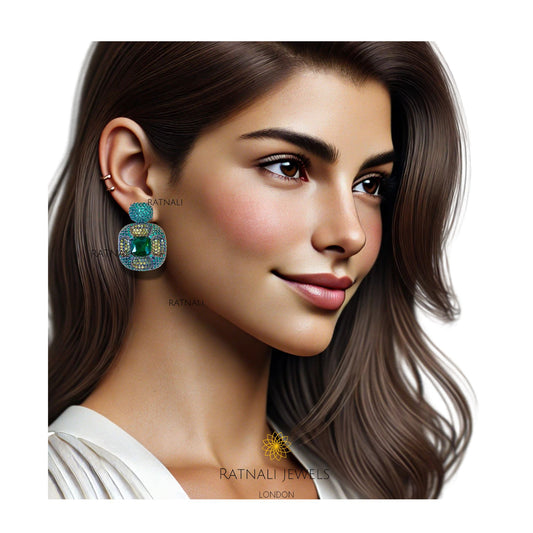Bonie | Cubic Zirconia diamond green faux gemstone statement stud earrings, Diamond stud earrings. - ratnalijewels