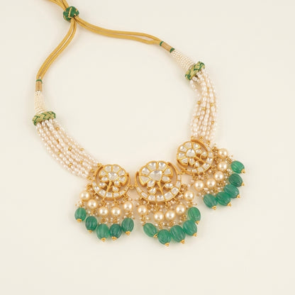 Polki Three Motif Necklace & Earring Set with Green Bead Drops - ratnalijewels