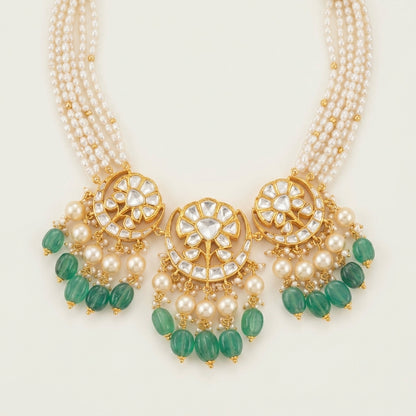 Polki Three Motif Necklace & Earring Set with Green Bead Drops - ratnalijewels