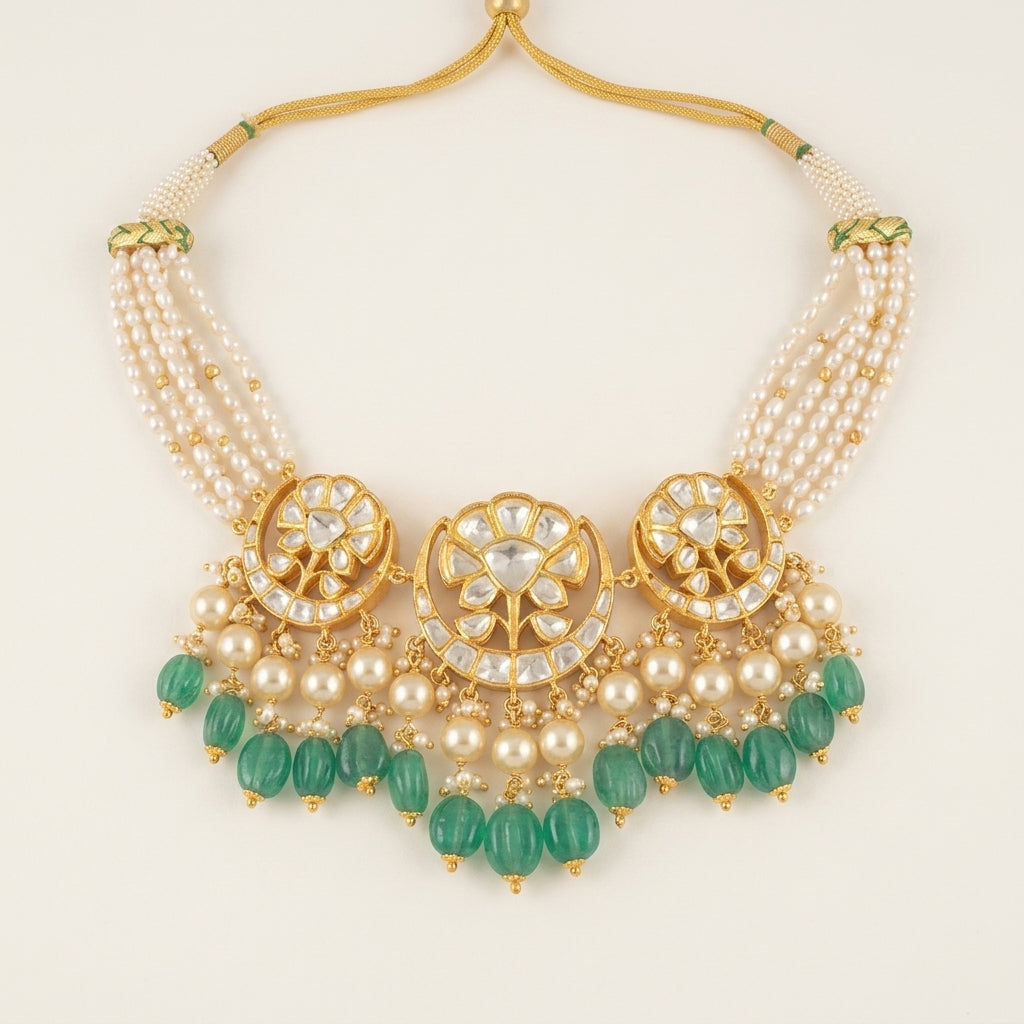 Polki Three Motif Necklace & Earring Set with Green Bead Drops - ratnalijewels