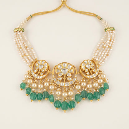 Polki Three Motif Necklace & Earring Set with Green Bead Drops - ratnalijewels