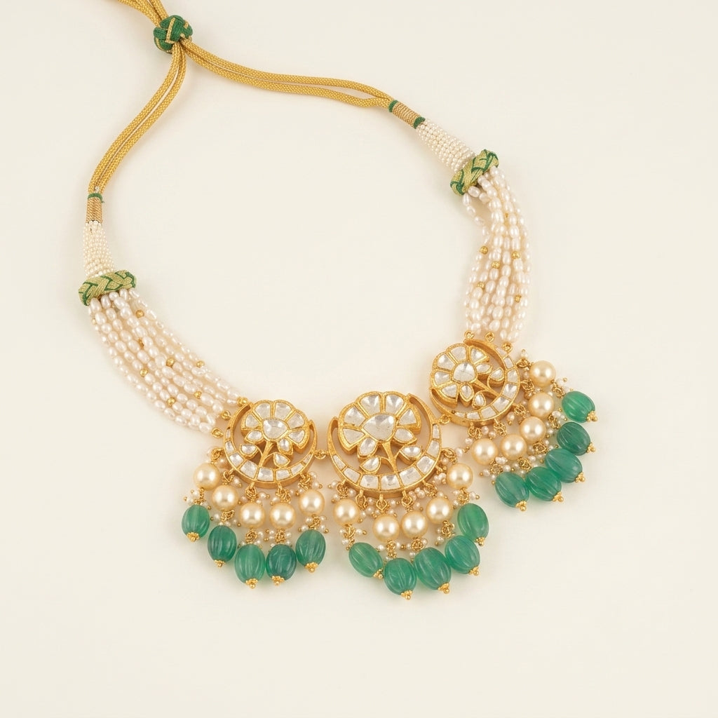 Polki Three Motif Necklace & Earring Set with Green Bead Drops - ratnalijewels