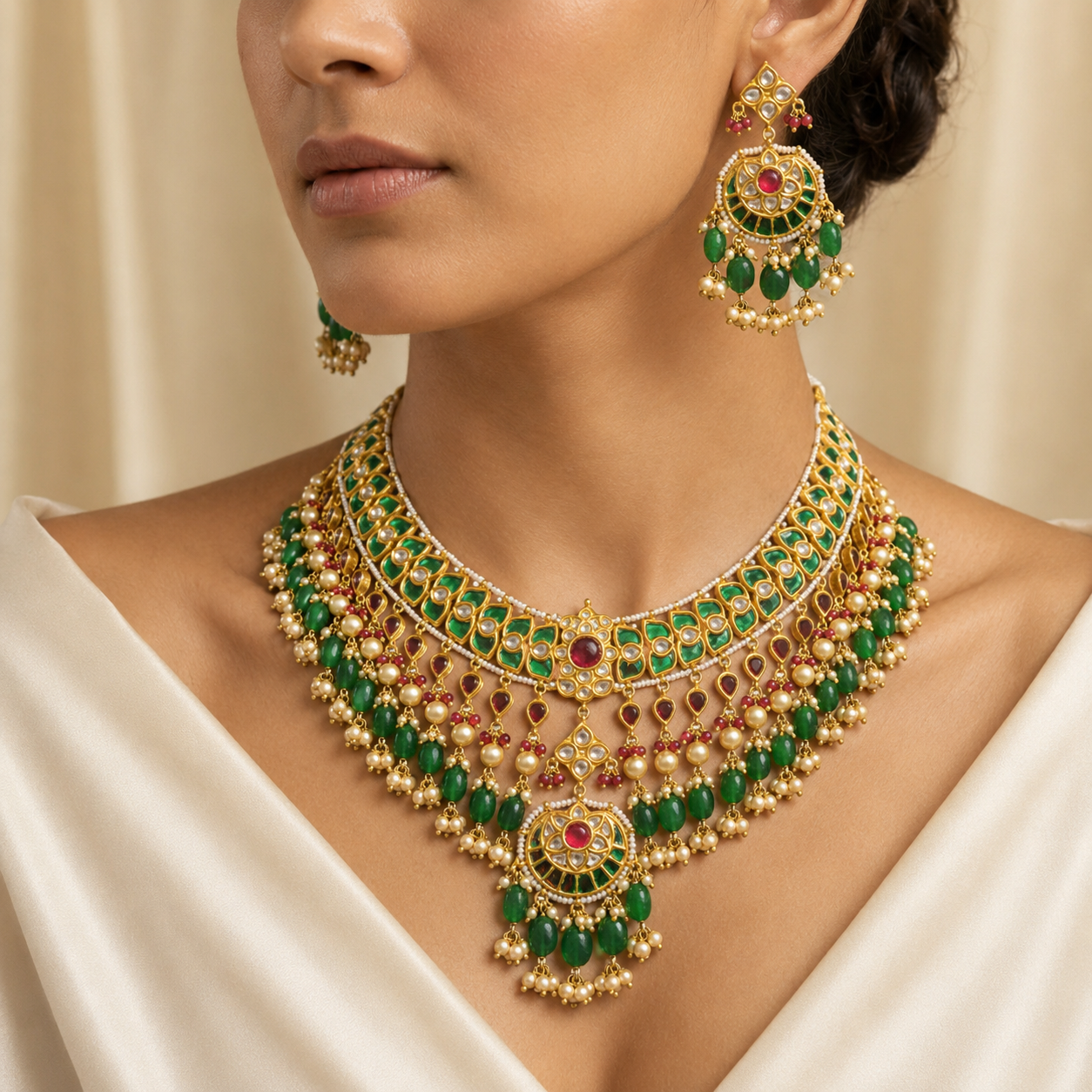 24K Gold Thappa Diamond Polki Necklace Set - ratnalijewels