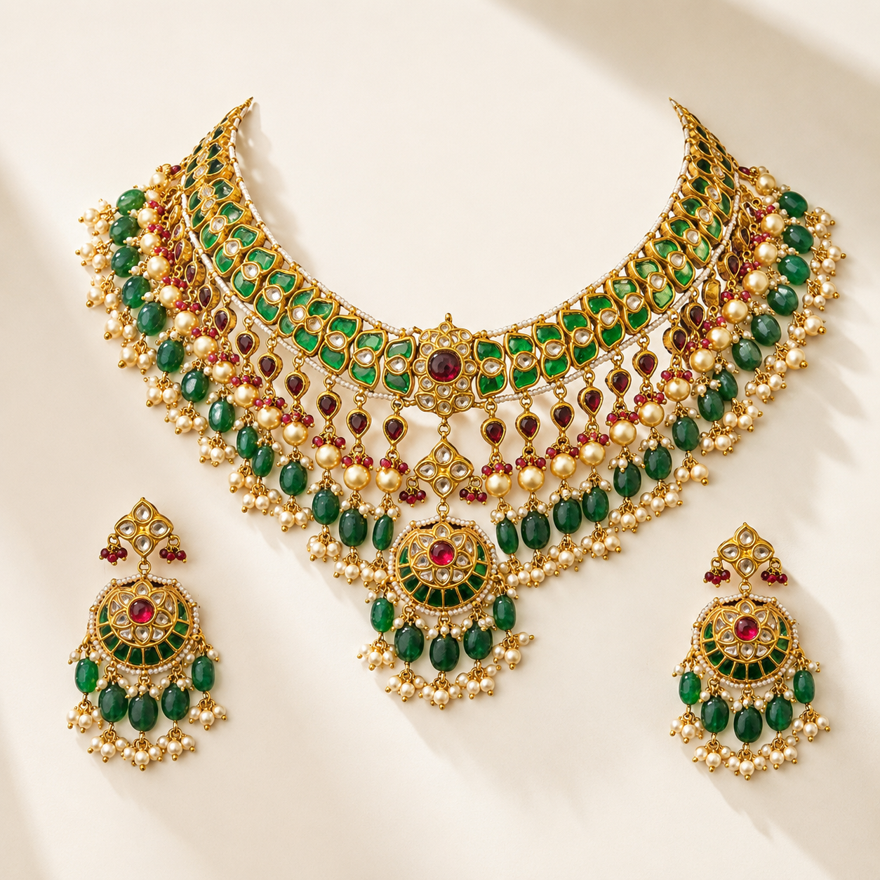 24K Gold Thappa Diamond Polki Necklace Set - ratnalijewels