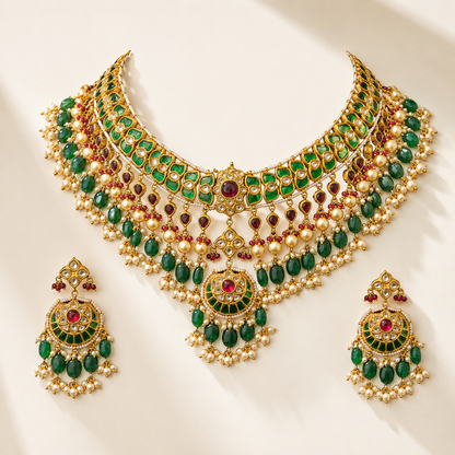 24K Gold Thappa Diamond Polki Necklace Set - ratnalijewels