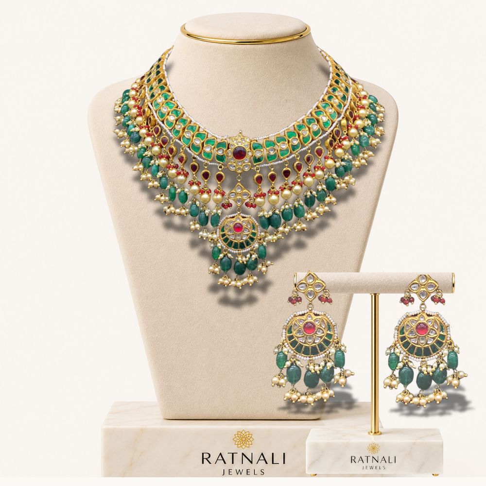 24K Gold Thappa Diamond Polki Necklace Set - ratnalijewels