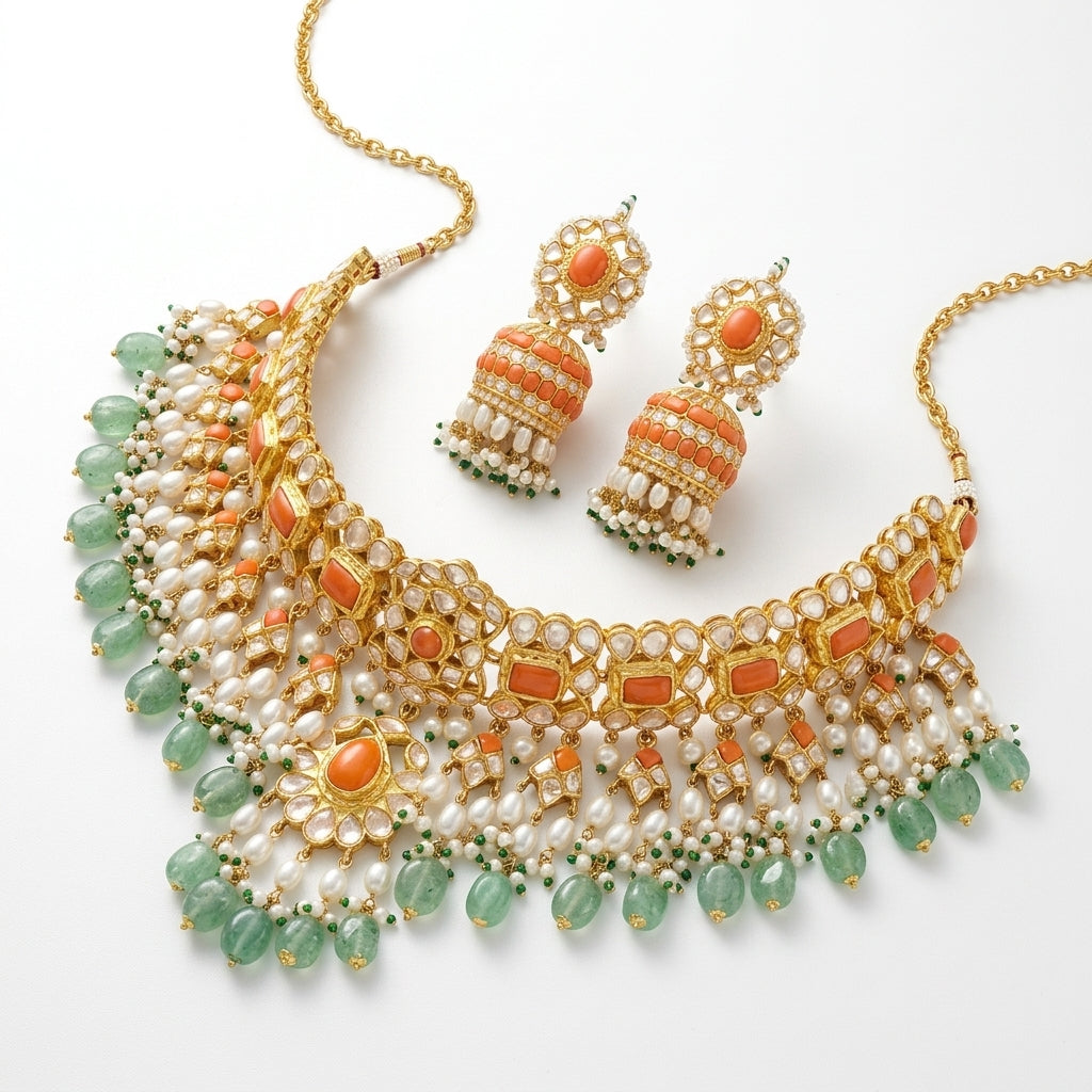 Moissanite Polki Coral and Pearl Bridal Necklace & Jhumka Set - ratnalijewels
