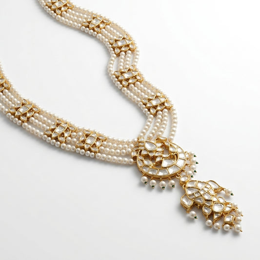 Polki Jadau pearl rani haar with layered drop pendant in gold plated silver