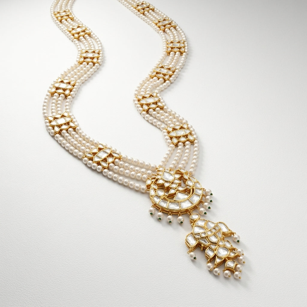 Close-up of Moissanite Polki motifs and freshwater pearl strands on rani haar