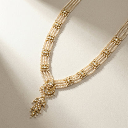 Polki pearl rani haar necklace with chandbali pendant and pearl drop