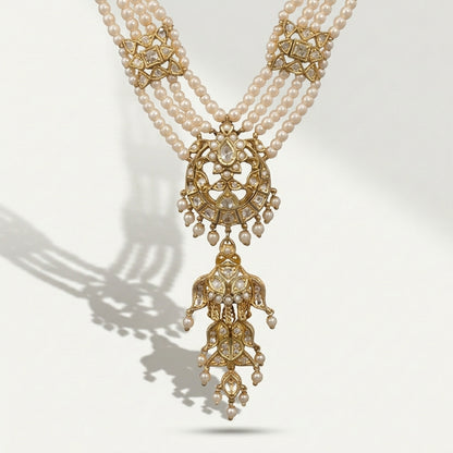 Detail of chandbali pendant with Moissanite Polki and freshwater pearls