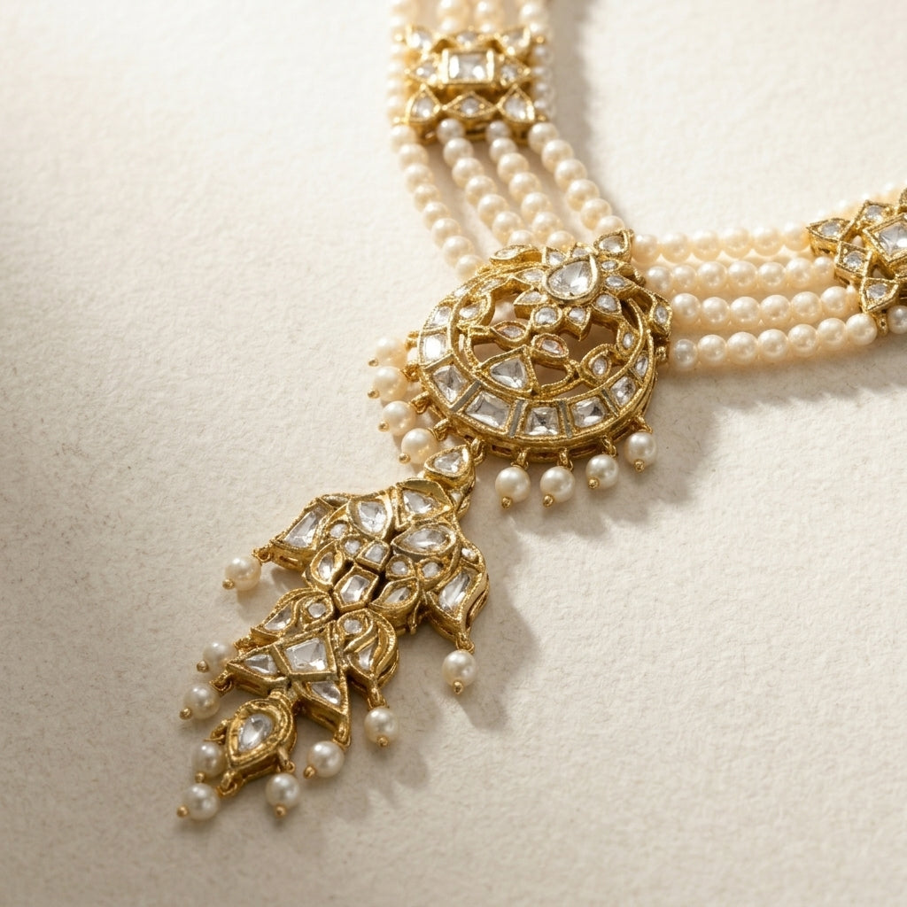 Layered drop pendant of Polki pearl rani haar in 18K gold plated silver
