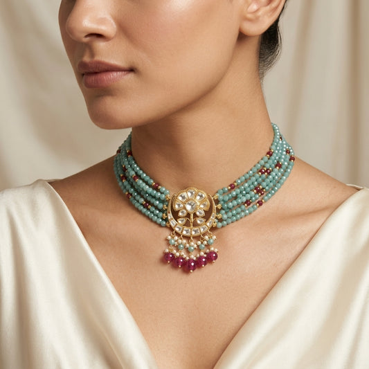 Moissanite Polki Choker Pendant style necklace - ratnalijewels