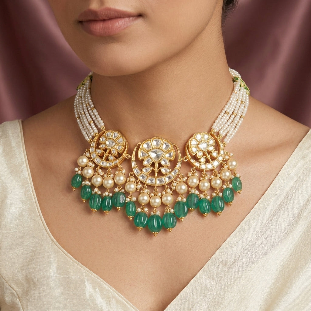 Polki Three Motif Necklace & Earring Set with Green Bead Drops - ratnalijewels
