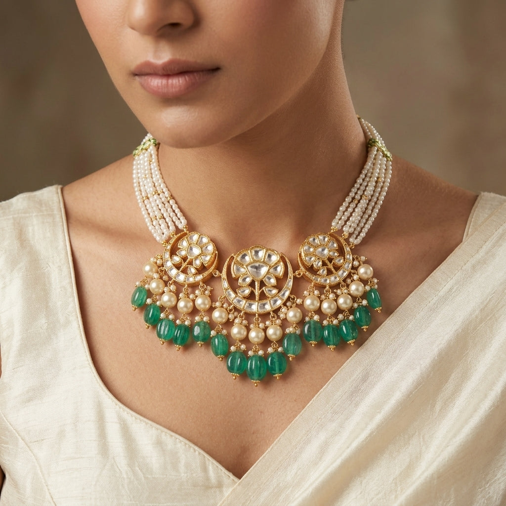 Polki Three Motif Necklace & Earring Set with Green Bead Drops - ratnalijewels