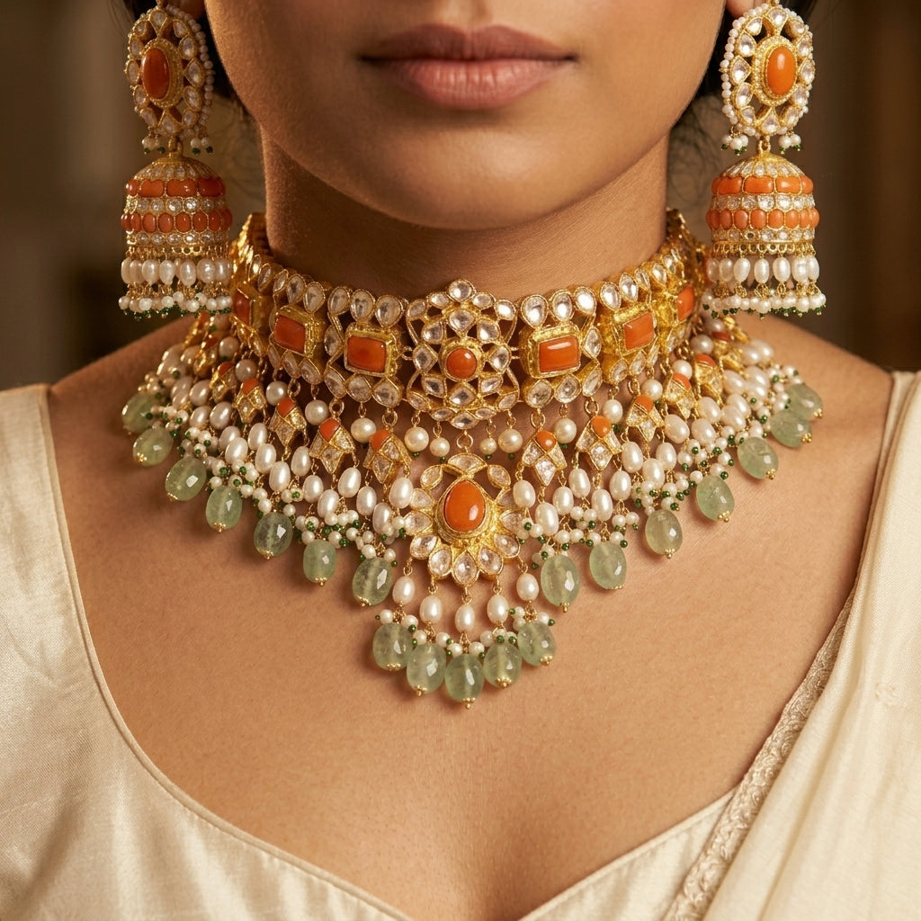 Moissanite Polki Coral and Pearl Bridal Necklace & Jhumka Set - ratnalijewels