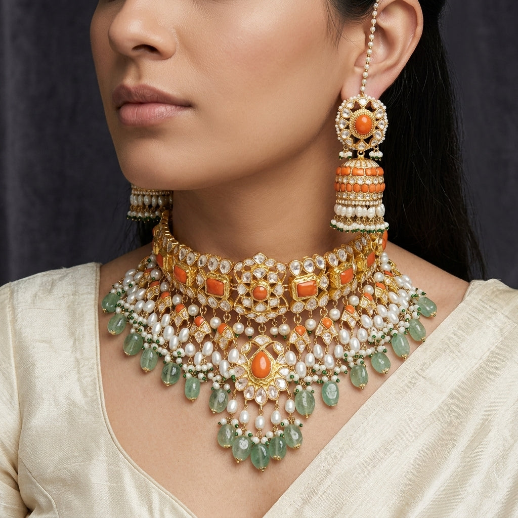 Moissanite Polki Coral and Pearl Bridal Necklace & Jhumka Set - ratnalijewels
