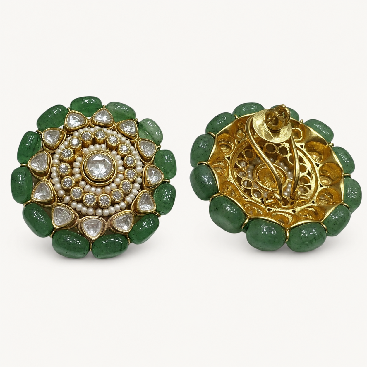 Emerald Polki Flower Stud Earrings - ratnalijewels