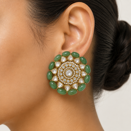Emerald Polki Flower Stud Earrings - ratnalijewels