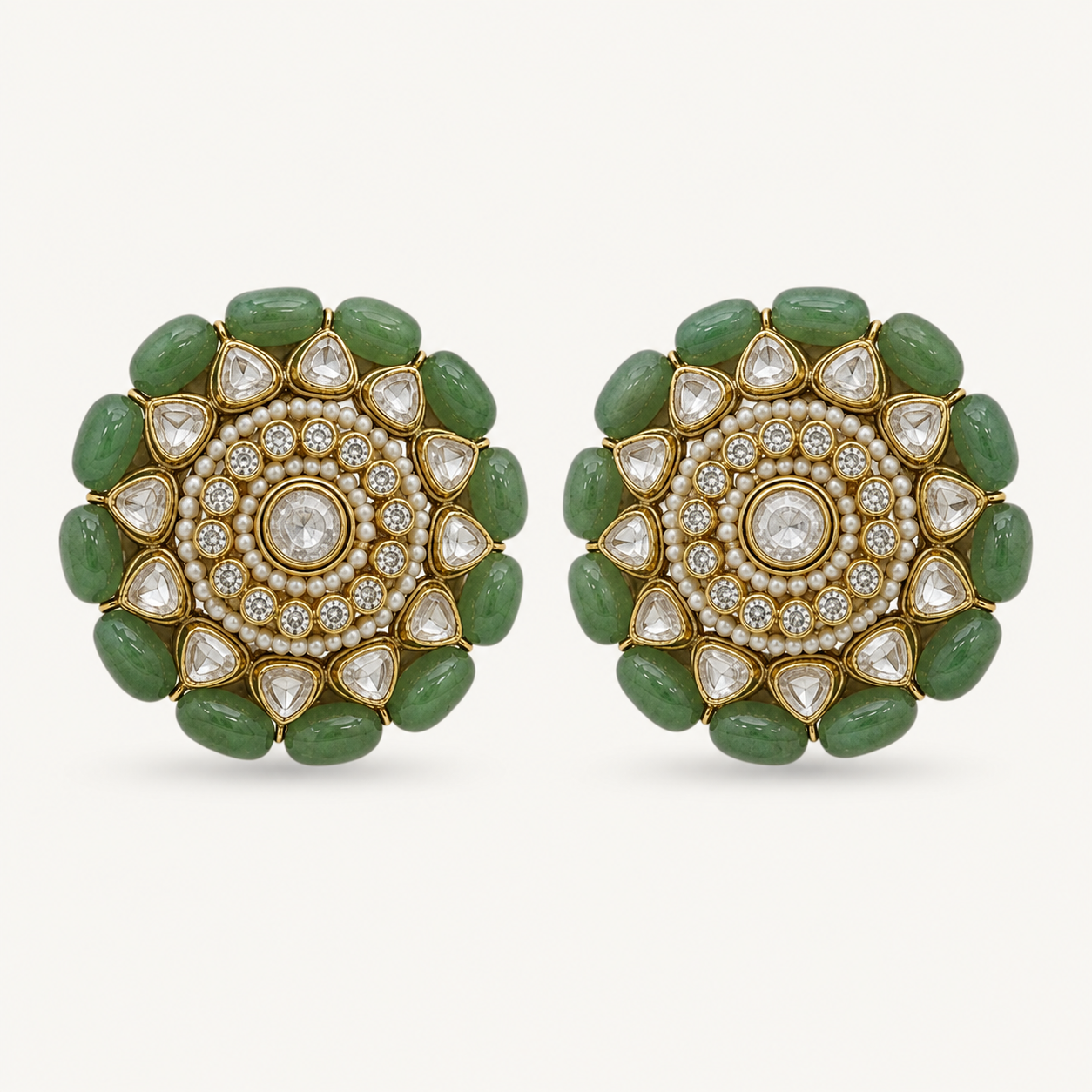Emerald Polki Flower Stud Earrings - ratnalijewels