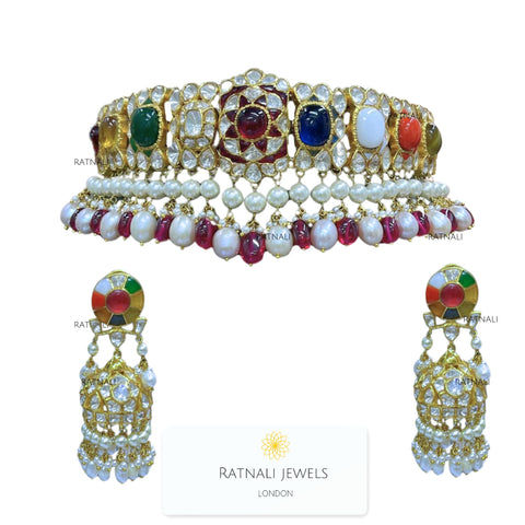 Navya | Navratan Polki Jadau Necklace Set - ratnalijewels