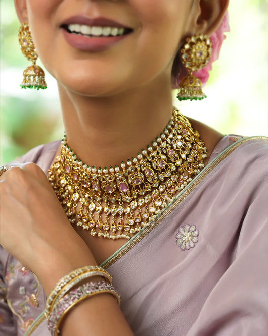 Pink Tourmaline Polki and Pearl Necklace & Jhumka Set - ratnalijewels