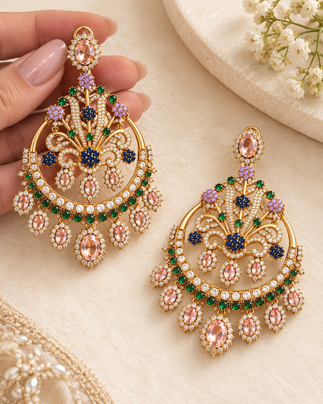 Gold Plated Chandbali Statement Earrings with Pink Gemstones