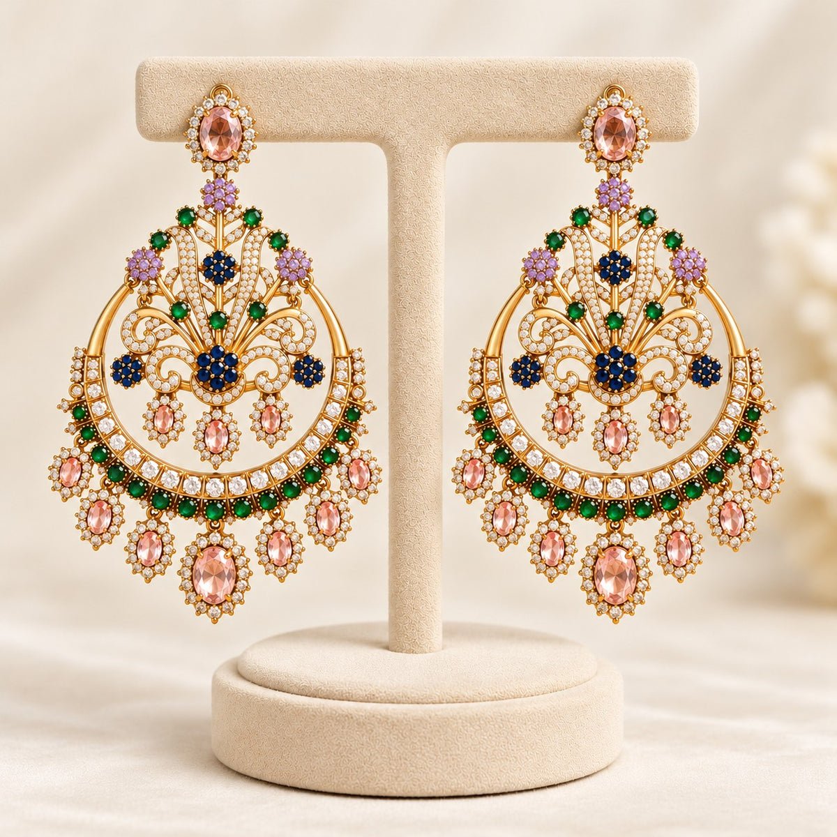 Gold Plated Chandbali Statement Earrings with Pink Gemstones