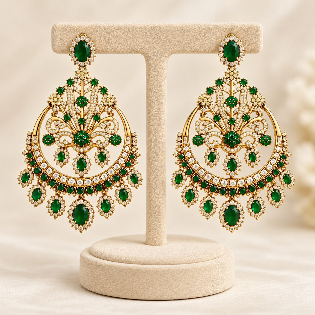 ornate emerald chandbali earrings with gold polish finish and omega clip back