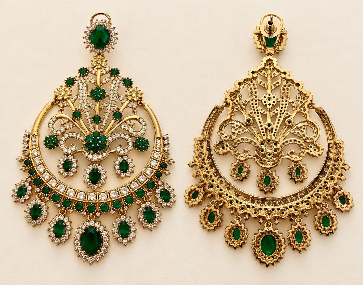  ornate emerald and gold chandelier earrings showing the CZ diamond detail