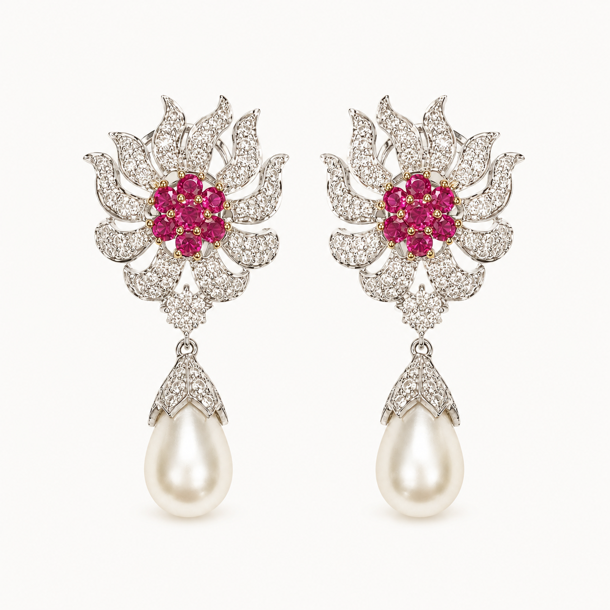 Pink Flower Burst Pearl Drop Earrings