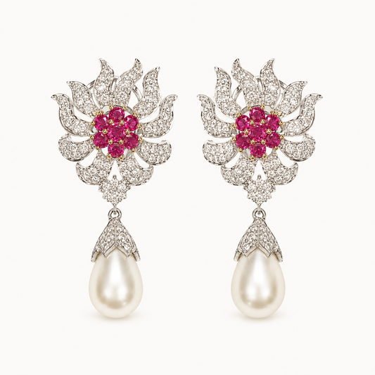 Pink Flower Burst Pearl Drop Earrings - ratnalijewels