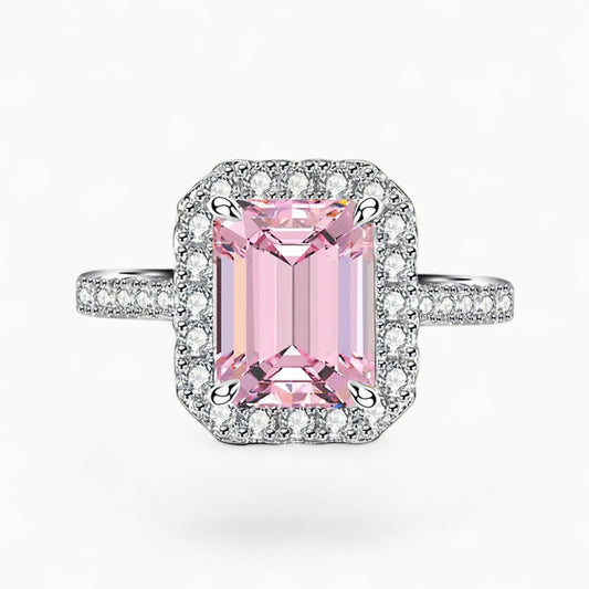 Candy Pink Rectangular Halo Statement Diamond Ring - ratnalijewels
