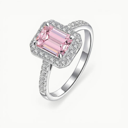 Candy Pink Rectangular Halo Statement Diamond Ring - ratnalijewels
