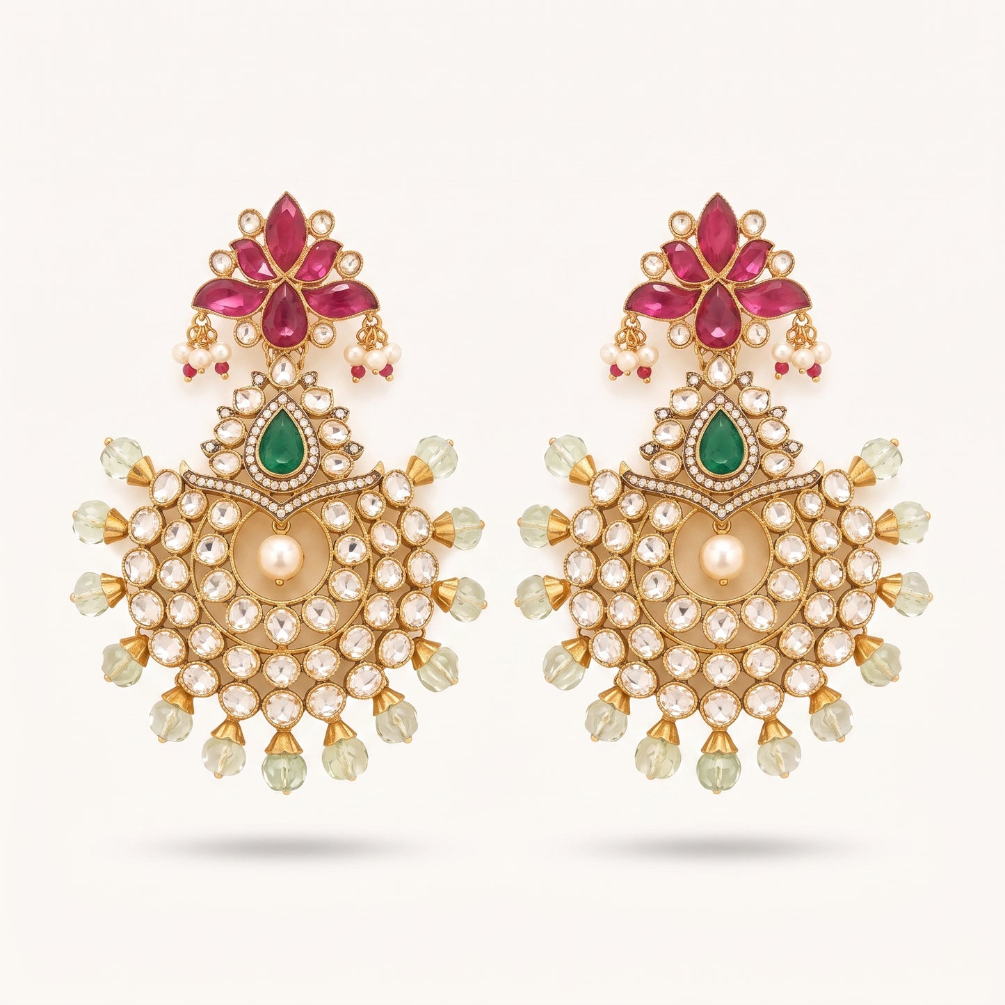 A pair of ornate gold-toned Indian chandelier earrings featuring pink gemstone floral motifs, green teardrop stones, and a central cream pearl surrounded by clear rhinestones and pale green crystal drops, set against a light cream background.