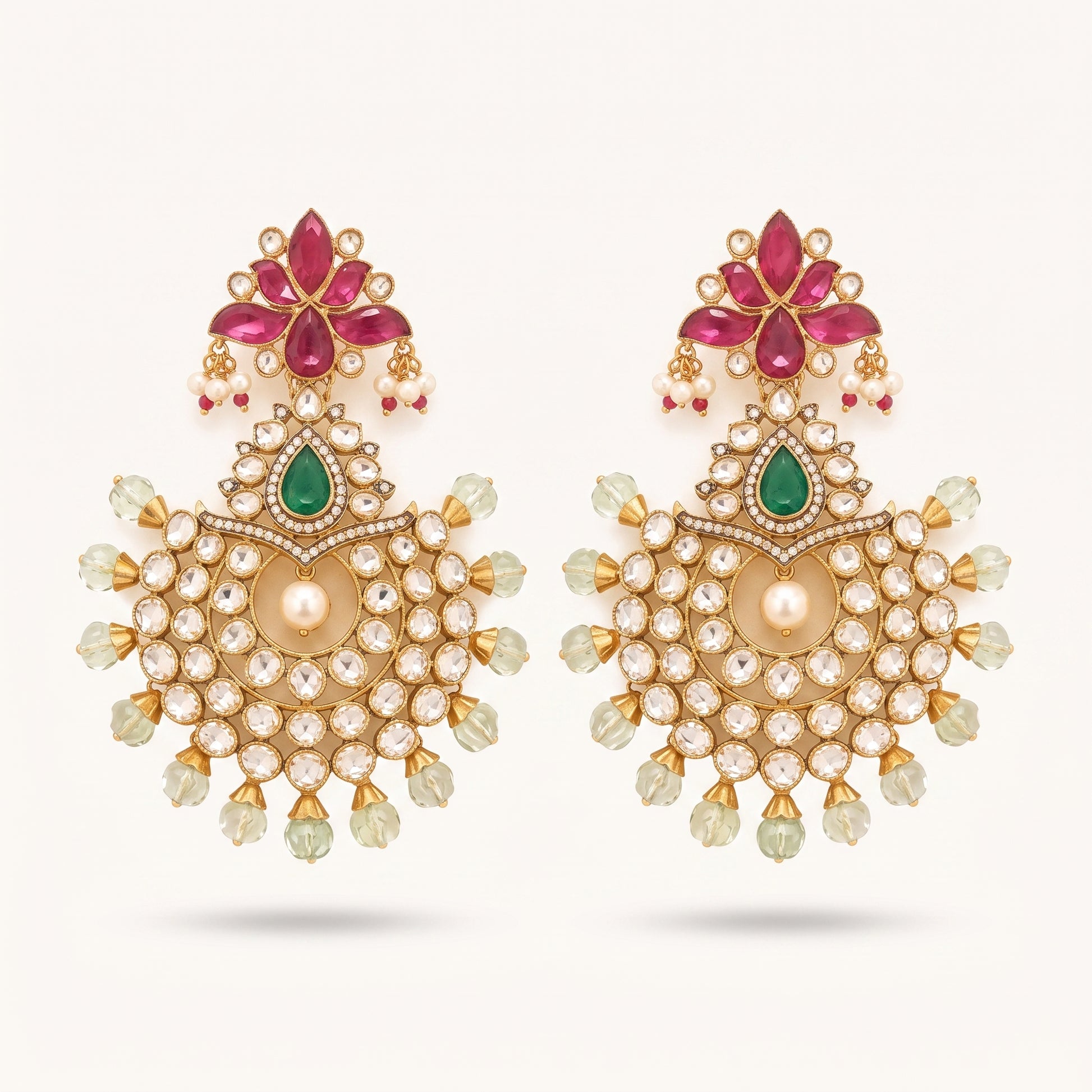 A pair of ornate gold-toned Indian chandelier earrings featuring pink gemstone floral motifs, green teardrop stones, and a central cream pearl surrounded by clear rhinestones and pale green crystal drops, set against a light cream background.