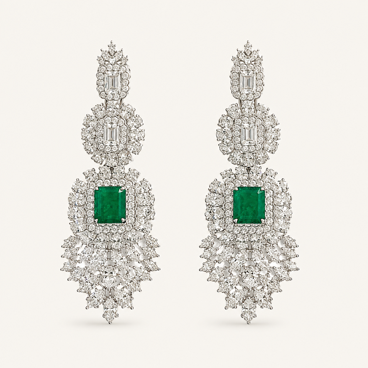A pair of elaborate drop earrings featuring square emerald-cut green gemstones surrounded by dense clusters of clear baguette and round-cut stones in a silver-toned setting, presented on a light cream background.